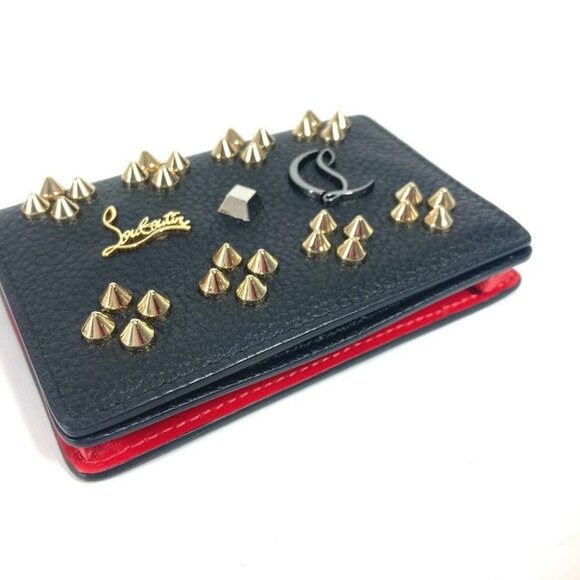 Christian Louboutin Studs logo Flap Business Card Case Leather Black/Red - Picture 5 of 8
